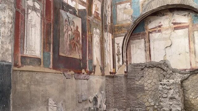 Ancient Roman Painted Walls and Frescoes in a Herculaneum Villa