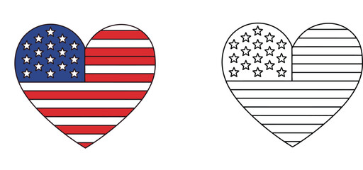 Obraz premium Set of Heart Shaped American Flag Illustrations, Featuring Color and Line Art Versions for Kids Coloring Activities, Independence Day, and Patriotic Projects - Vector Graphic Resources