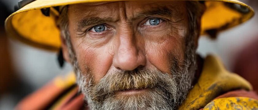 Weathered Wisdom: A close-up portrait of a seasoned construction worker, his weathered face etched with the stories of hard work and dedication, while the focus is on the profound and knowing eyes.