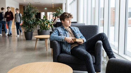 Obraz premium Young man sitting in chair reading.