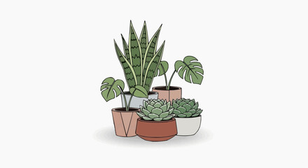 Fototapeta premium A cluster of decorative potted plants, creating a refreshing atmosphere in white background.