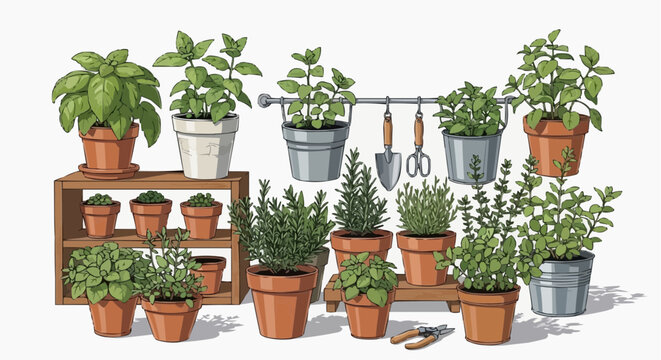 A collection of assorted herbs and plants in various pots and containers.  Gardening tools also feature in the display.  in white background.