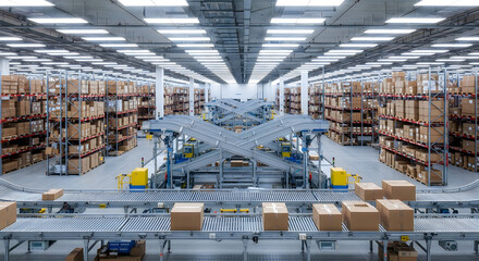 Naklejka premium Automated warehouse with conveyor belts moving cardboard boxes logistics distribution center.