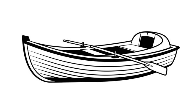 Black and white illustration of a rowboat isolated on a white background