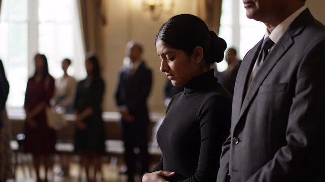Young woman in mourning attire with head bowed, contemplating loss at a solemn gathering, somber mood, funeral or memorial service setting