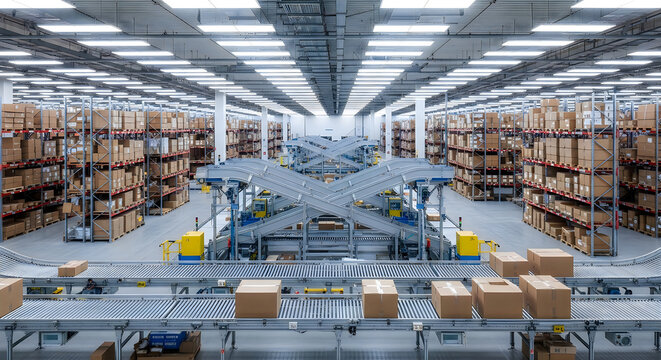 Automated warehouse with conveyor belts moving cardboard boxes logistics distribution center.