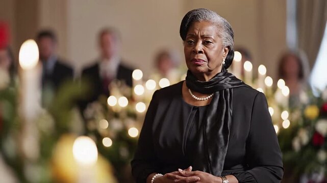 Elderly black woman in black mourning dress at a solemn funeral service with candles and floral arrangements