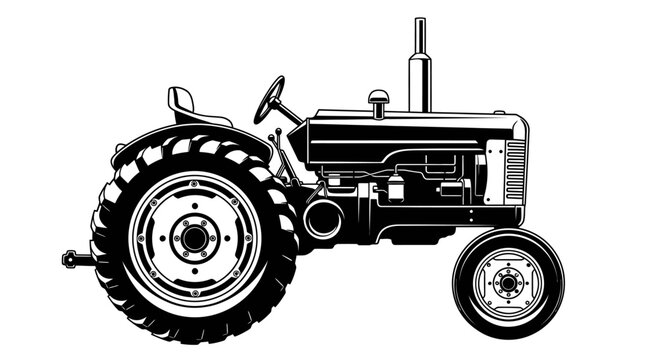 Black and white vector illustration of a vintage tractor isolated on white background