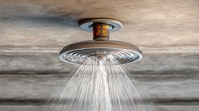 Water flows from a showerhead in a modern bathroom during the day, creating a steady stream of water that fills the air