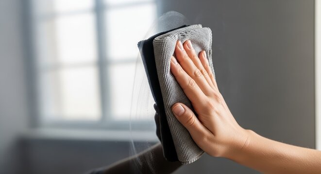 Man wiping TV screen with microfiber cloth for spotless finish in living room. Cleaning includes removing smudges and dust for optimal viewing experience.