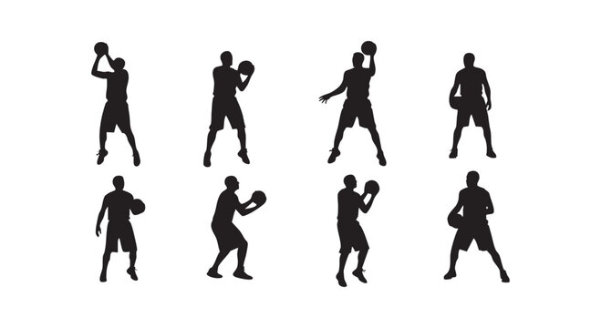 Basketball players in action poses silhouette collection showing athletes throwing ball to hoop during competitive game.