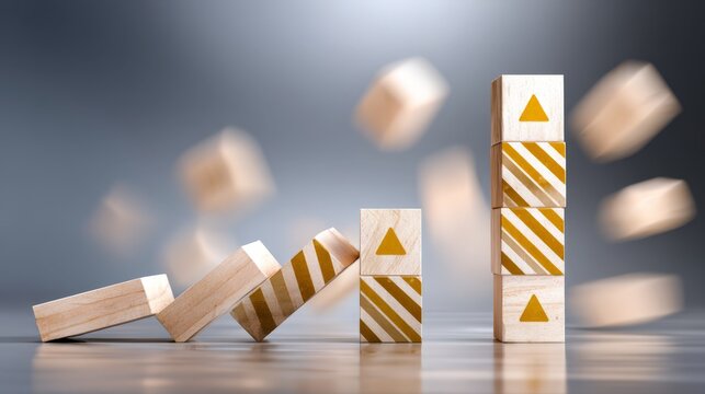 Blocks fall and stack in a dynamic arrangement on a smooth surface during a play session in a bright room