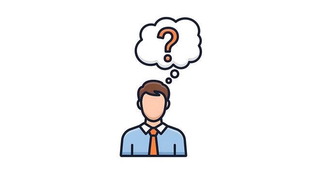 Man in blue shirt scratching head with question mark above, flat