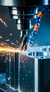 CNC milling machine cutting metal with coolant and sparks, showcasing precision manufacturing process.