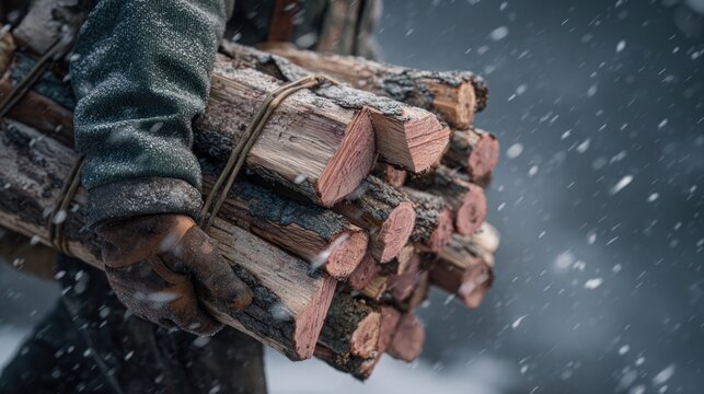 A person carrying an armful of freshly cut firewood in the snow,