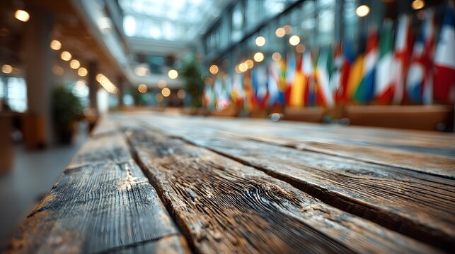 Conference hall with flags in soft blur background 