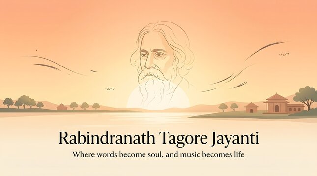 Rabindranath tagore jayanti celebration with portrait and serene landscape honoring literary