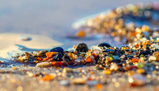 Colorful pebbles and sea glass on wet sand beach reflecting sunlight at the ocean
