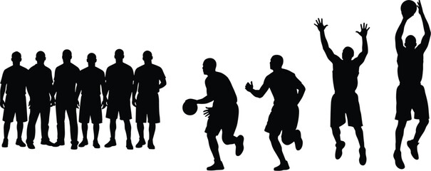 Basketball silhouettes in action, players dribbling, running, shooting, defending, team lineup illustration, dynamic sports vector artwork, minimalist design, athletic figures © ABU