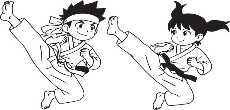 Two Karate kids performing a dynamic high kick sparring action in karate practice. Clean black and white caricature anime sketh-style vector line art, suitable for karate or taekwondo martial arts