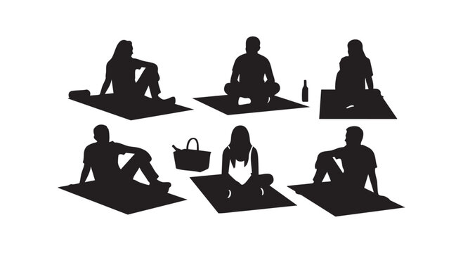 Collection of black silhouettes representing men and women sitting on picnic blankets relaxing outdoors together.