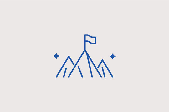 Mountain flag line icon for reaching the summit and overcoming difficult challenges. Adventurous vector illustration for career coaching services and project management milestone tracking.