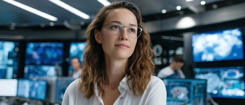 Woman Analyst Contemplating Data: An astute female analyst gazes thoughtfully at the control room setting, with monitors displaying complex data. Portraying a blend of focus, concentration.