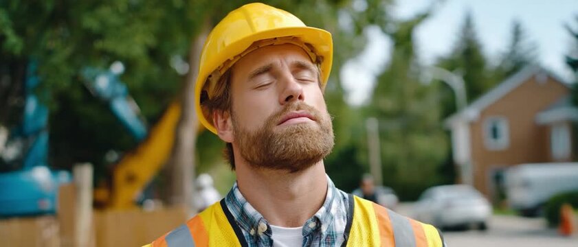 A Moment of Reflection: A construction worker wearing a yellow hard hat and a safety vest takes a brief respite, eyes closed, seemingly lost in thought amidst a bustling construction site.