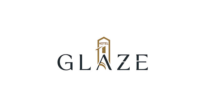 A modern GLAZE hotel logo featuring a stylized building as the letter A.