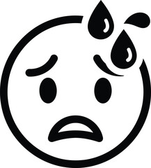 Fototapeta premium A black and white line art depiction of a sad face emoji with three water droplets above it