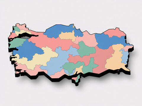 Turkey map illustration with regions and provinces, colorful vector