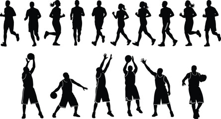 Fototapeta premium Running silhouettes sequence, basketball player silhouettes, athletic motion cycle, fitness vector illustration, human movement study, sports design reference, minimal art, exercise icon