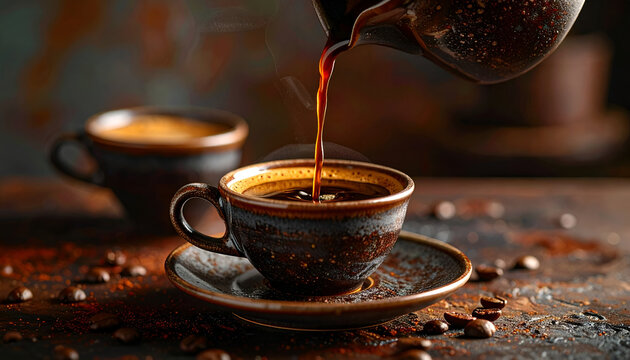 Hot fresh coffee pouring into dark brown cup on saucer with coffee beans scattered
