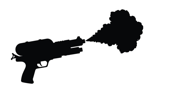 A black silhouette of a ray gun firing with smoke plume silhouette