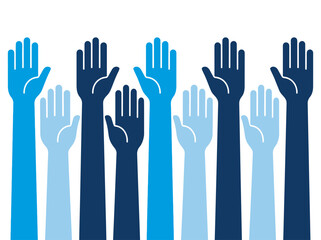 Obraz premium Group of Diverse Raised Hands Illustration - Concept for Volunteering, Voting, Community, and Teamwork Participation