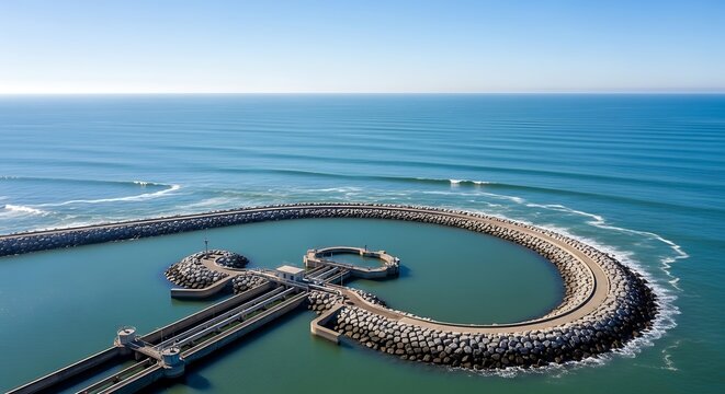Aerial view of a unique breakwater structure in the ocean with waves.