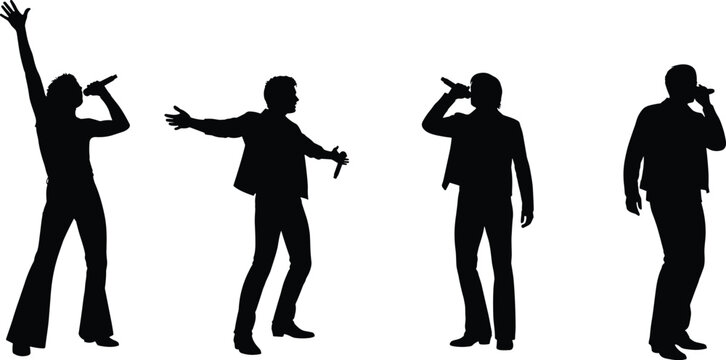 Silhouette singers performing on stage, microphone holding poses, music concert illustration, vocalists expressive movement, entertainment art, minimalist vector design
