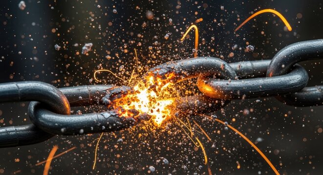 Chain reaction sparks fly as metal is severed by intense cutting tool