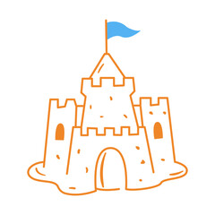Sandcastle with blue flag for summer beach vacation. Detailed sand fortress tower for seaside travel and childhood holiday design © Iryna Duda