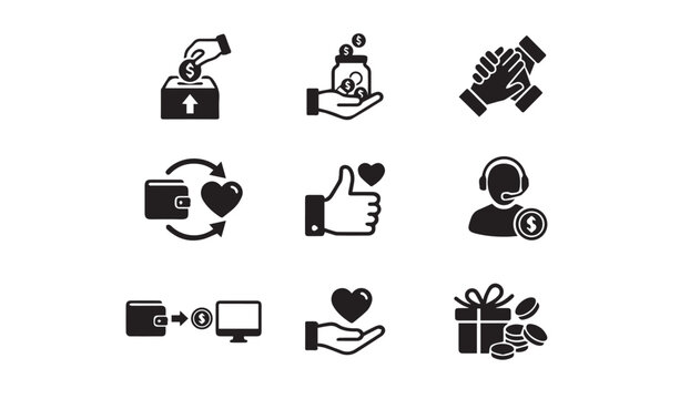 Charity donation and financial support icons with donation, contribution