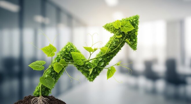 Green sprout arrow growth sustainability and positive financial trends