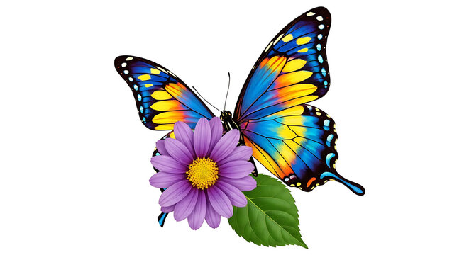 Vibrant butterfly perched on purple flower with blue wings yellow