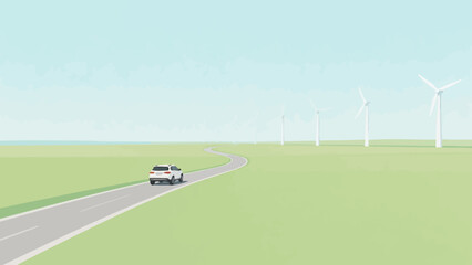 Car on road with wind turbines © k8m