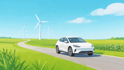 Electric car on road with wind turbines © k8m