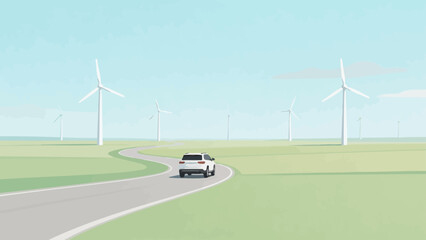Car on road with wind turbines © k8m