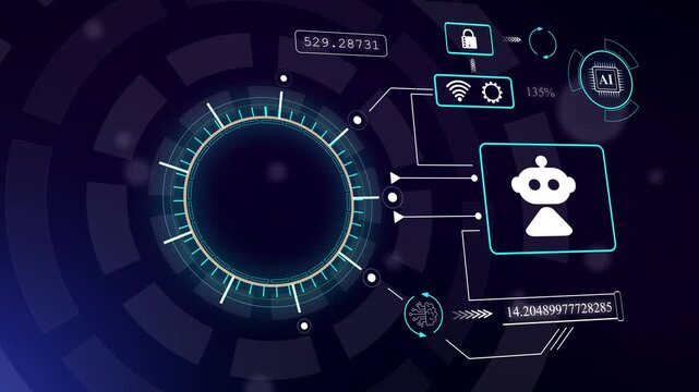 Advanced robotic technology hud display with glowing circular elements and security icons for tech documentaries, hud animation