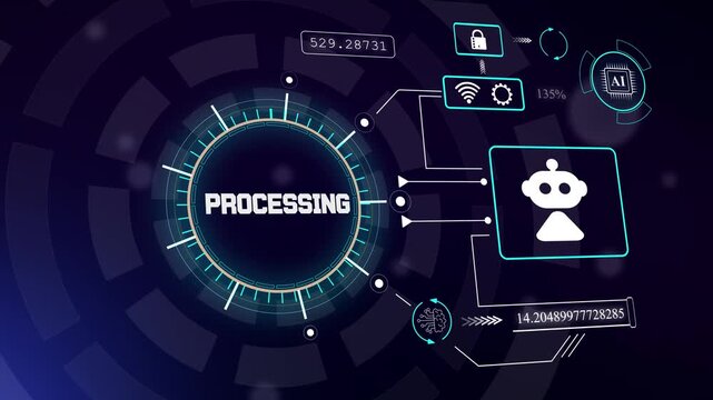 Digital data processing interface with artificial intelligence robot icon for cyber security software systems, hud animation