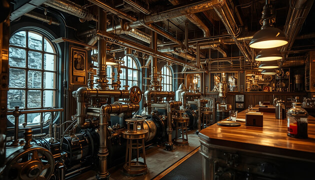 Steampunk Interior with Intricate Machinery Brass Gears and Warm Ambient Light