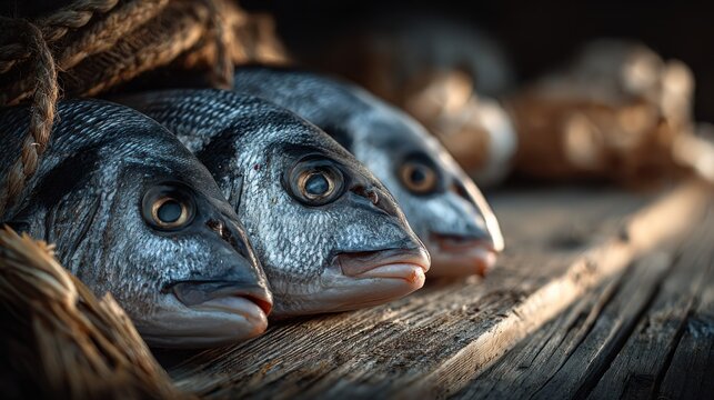 Freshly caught fish displayed on a wooden surface with rope detail