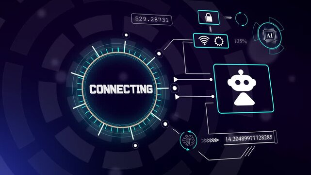 Digital network connecting process with robotic icon and glowing futuristic elements for global communication systems, hud animation